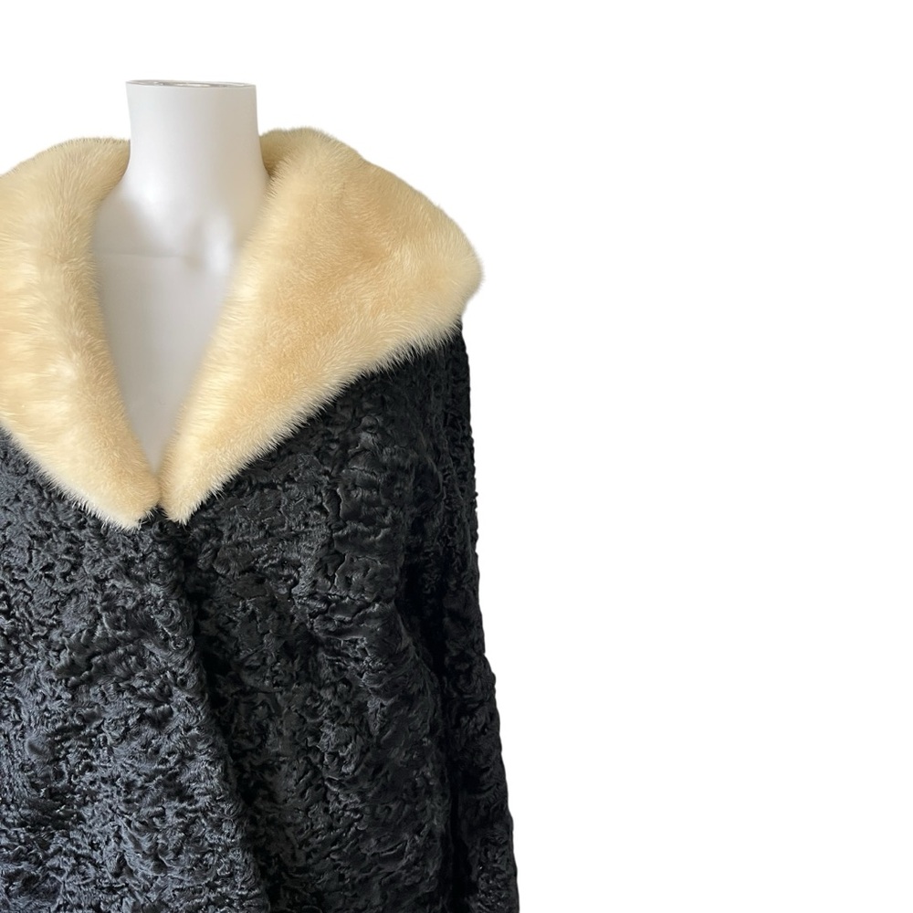Vintage 50s 60s Crown Monarch Black Curly Lamb Fur Coat Mink Collar Soft View 5